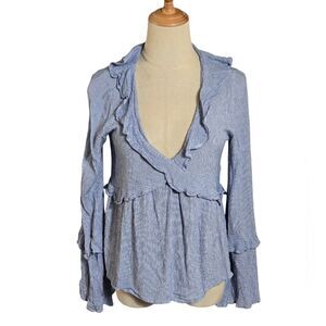American Eagle Blue Ruffle Bell Sleeve Boho  Blouse Top